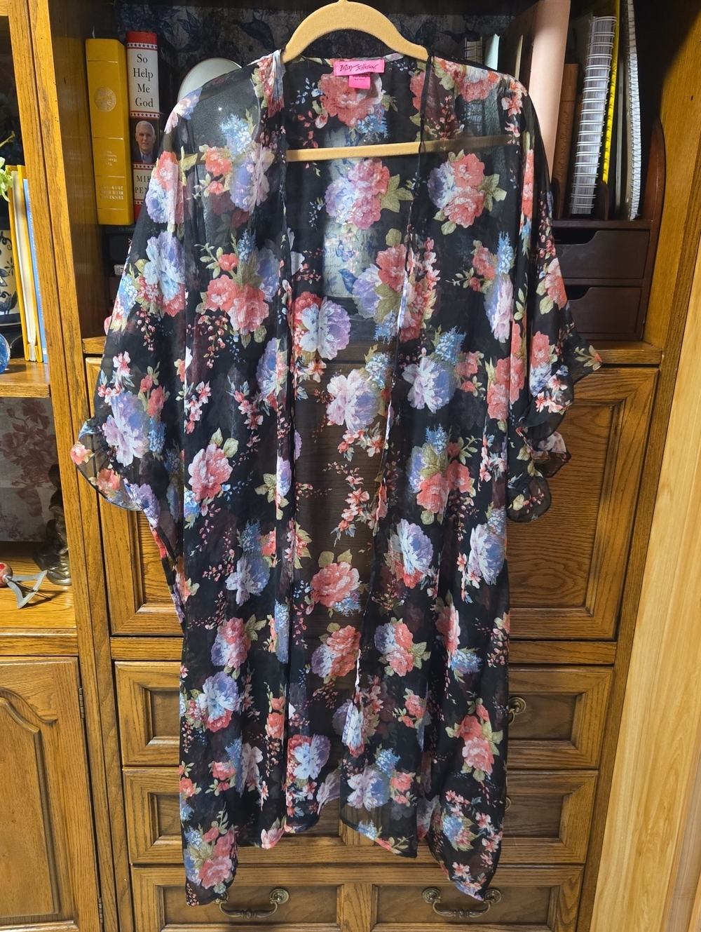 Betsey Johnson Black Sheer Floral Kimono, Never Worn